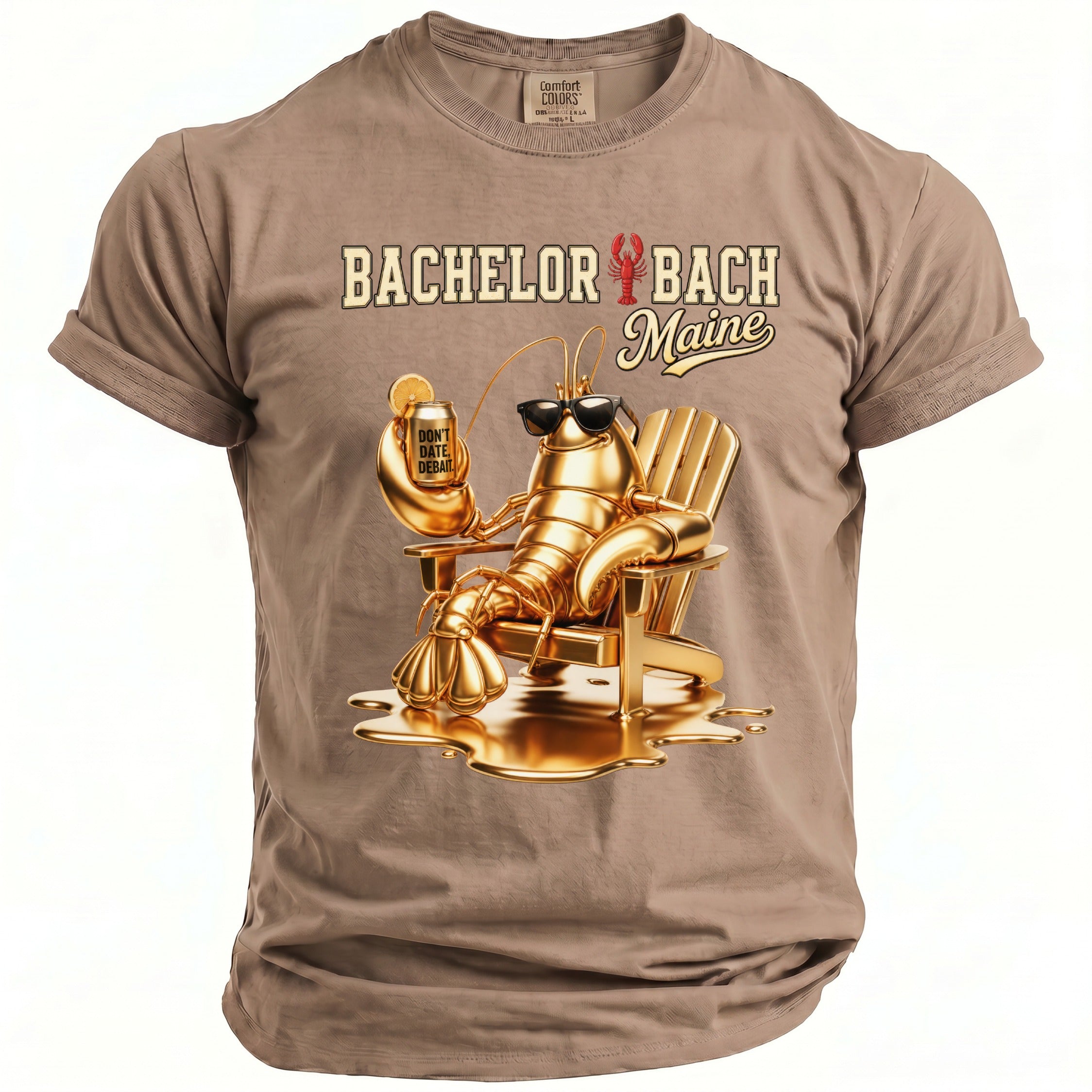 T-shirt with a golden lobster in sunglasses holding a drink, text reads Bachelor Bach Maine.