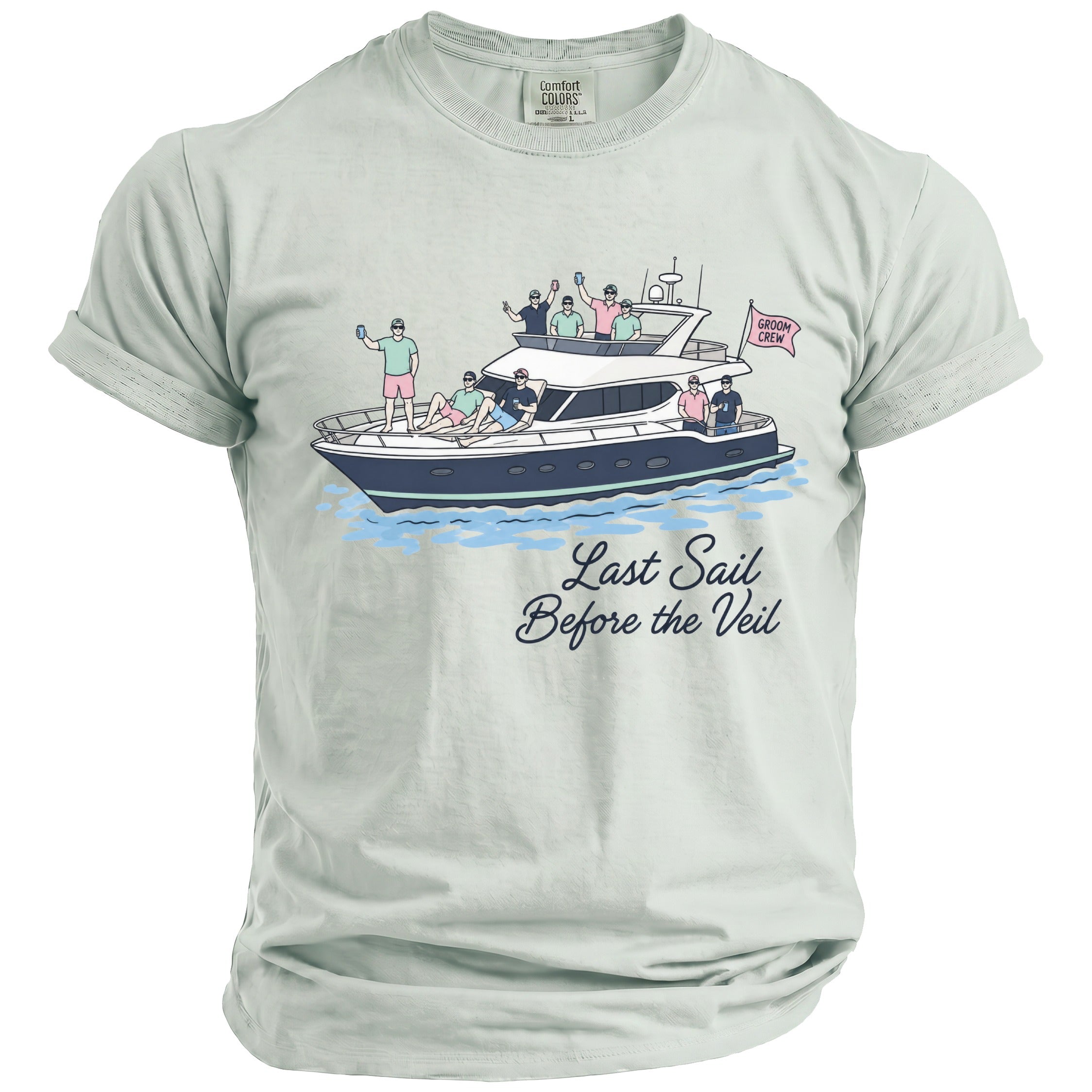 T-shirt graphic of men on a yacht with text "Last Sail Before the Veil".