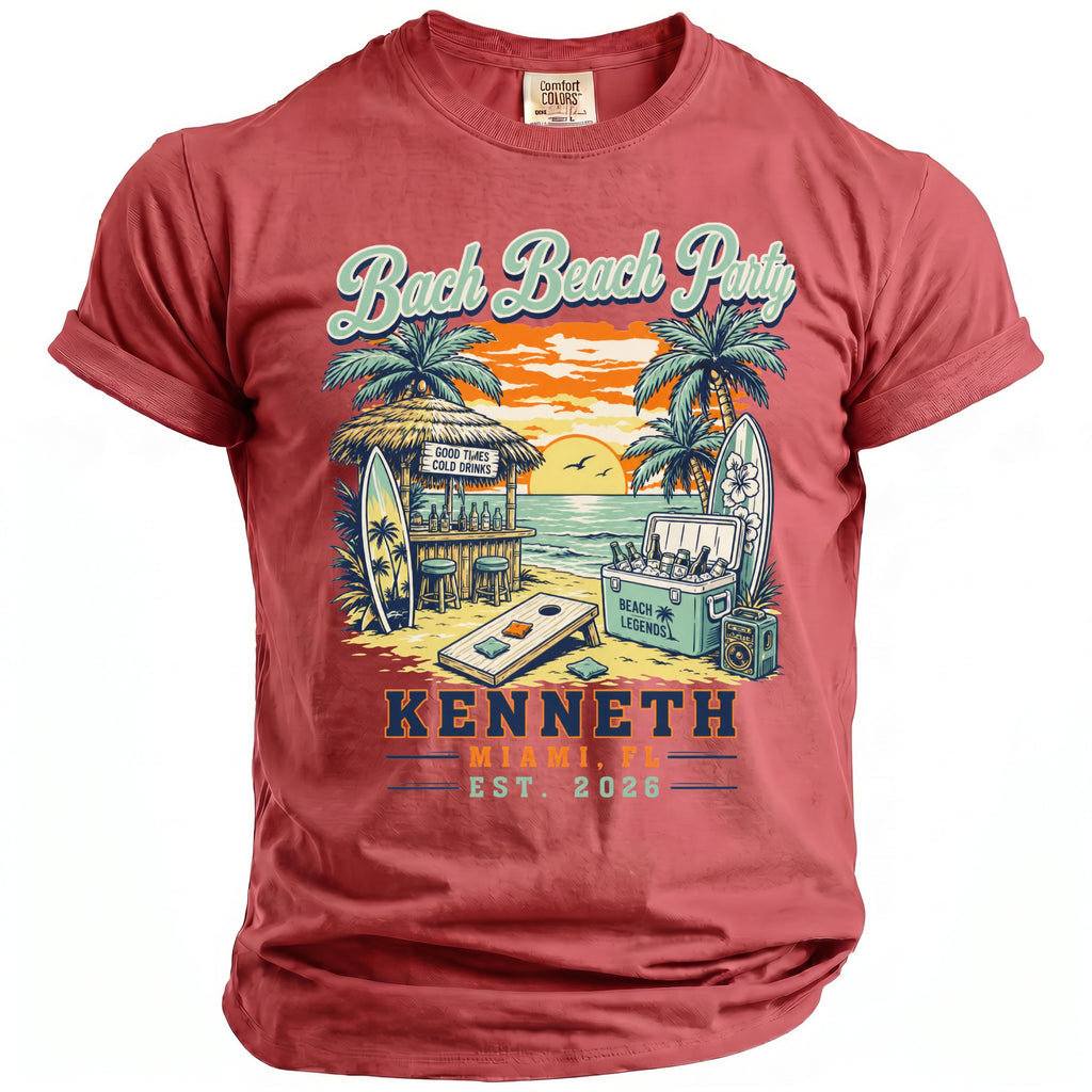 T-shirt with "Bach Beach Party" graphic and "Kenneth Miami, FL Est. 2026" text.