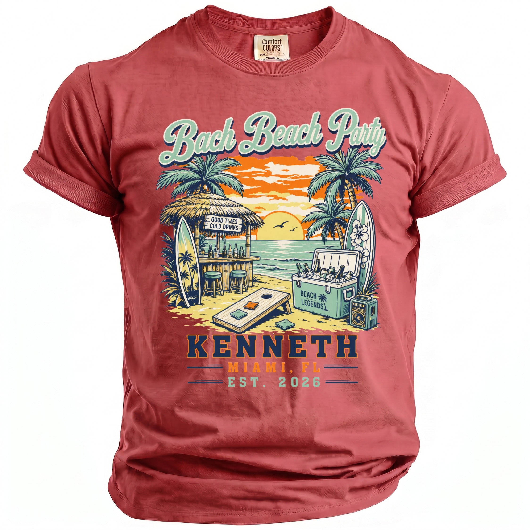 T-shirt with "Bach Beach Party" graphic and "Kenneth Miami, FL Est. 2026" text.