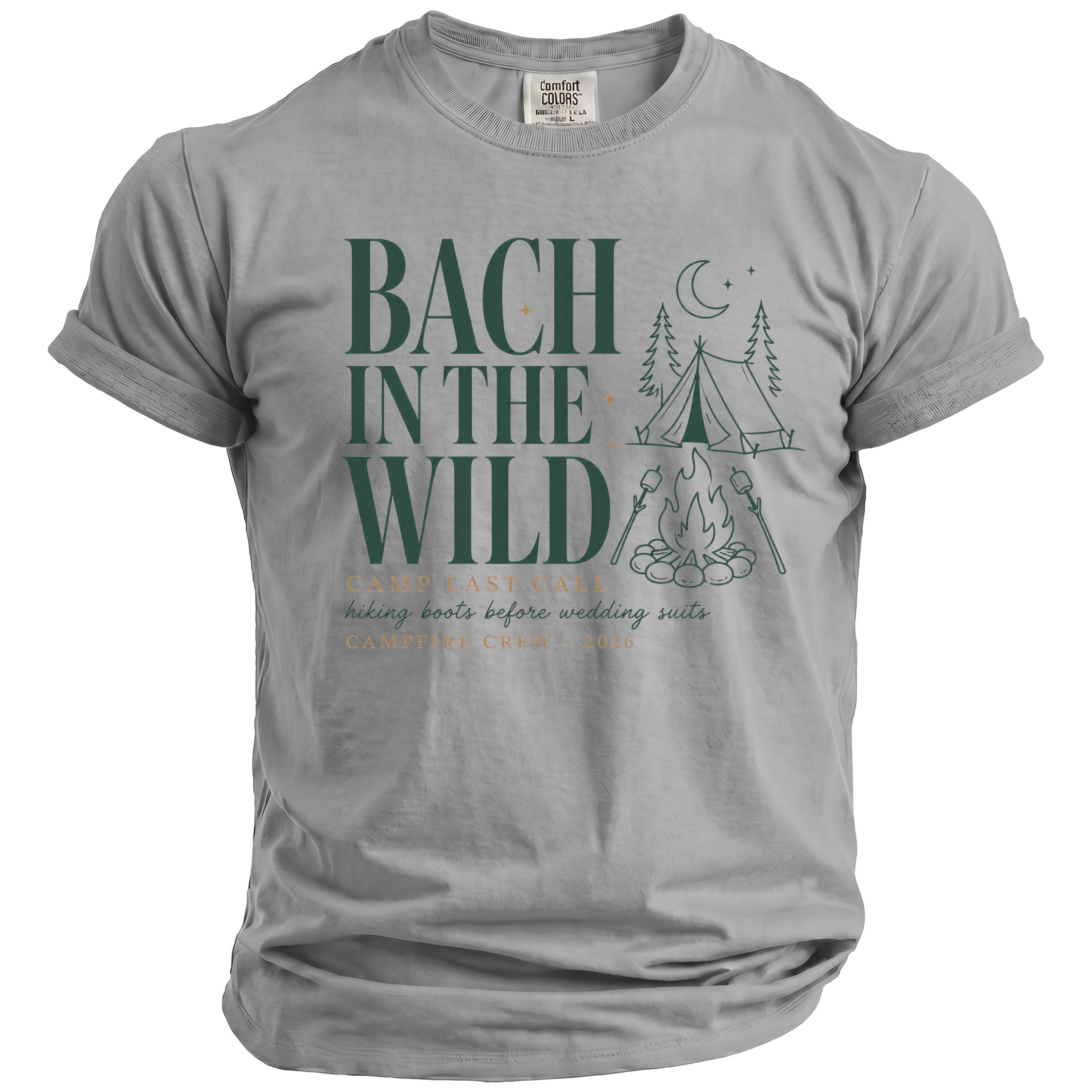 Grey t-shirt with "Bach In The Wild" text, campfire, tent, and "Campfire Crew 2026".