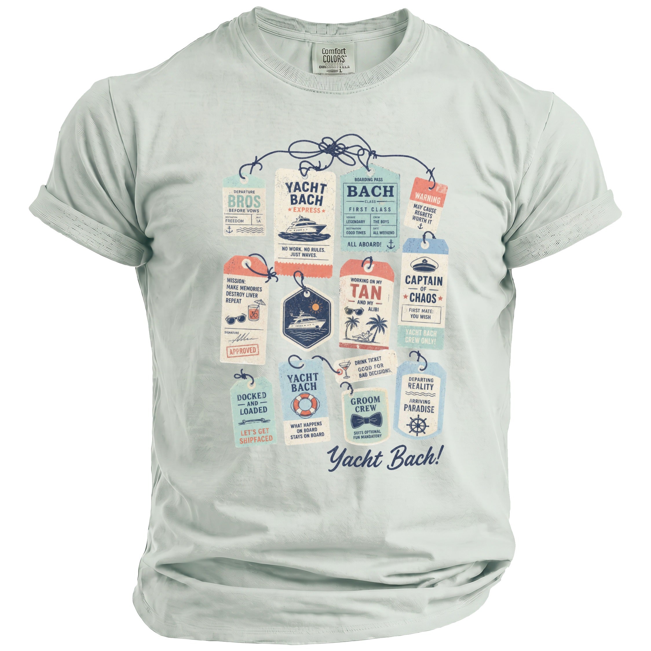 Light blue t-shirt with "Yacht Bach!" design featuring travel tags and yachting motifs.
