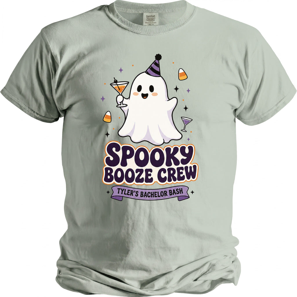 Ghost with party hat holding drink, text "Spooky Booze Crew Tyler's Bachelor Bash".