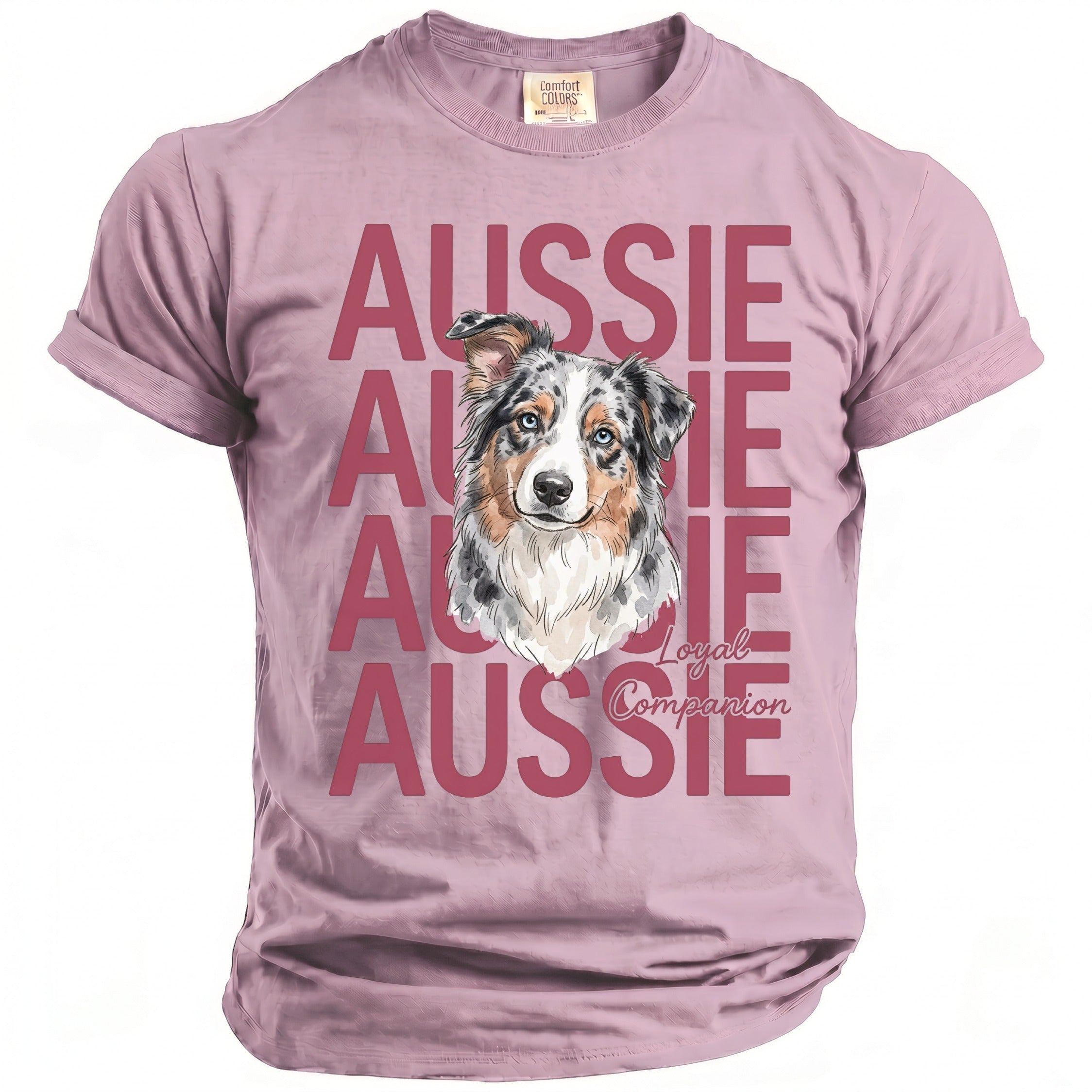 Pink t-shirt with a blue-eyed Australian Shepherd and "Aussie Loyal Companion" text.