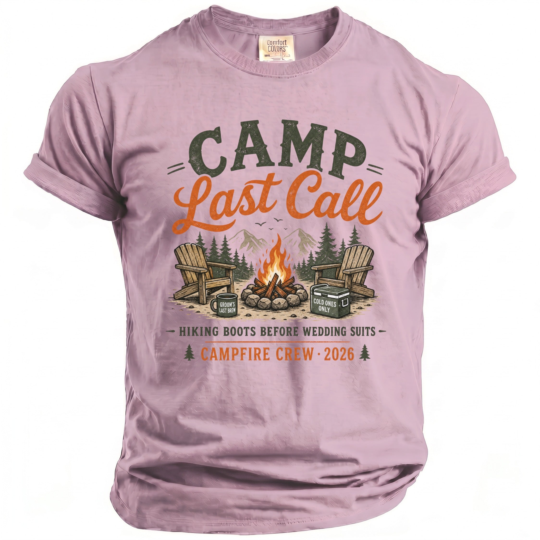 Camp Last Call design with campfire, chairs, and "Campfire Crew 2026" text.