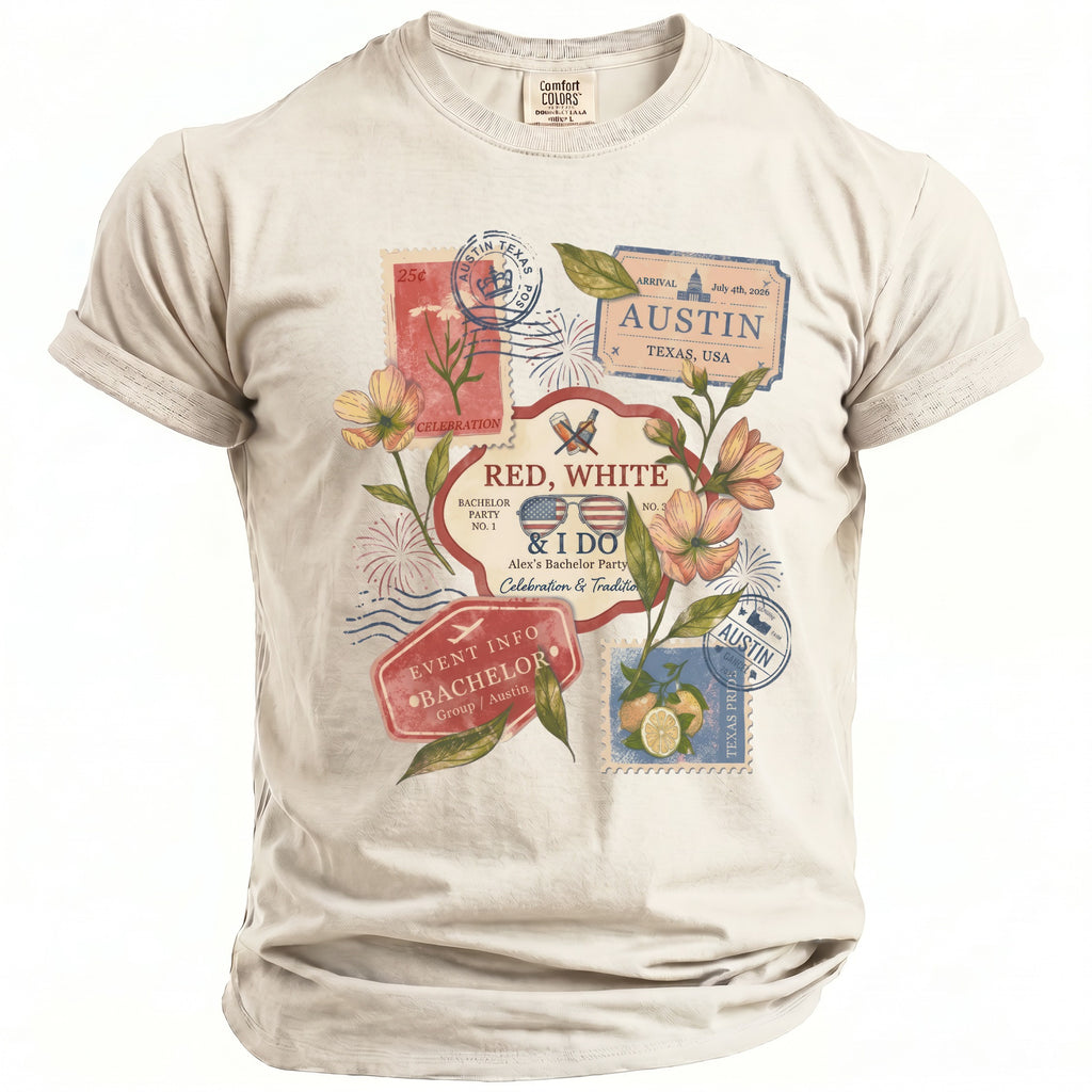 T-shirt with "Red, White & I Do" bachelor party design featuring Austin, Texas stamps.