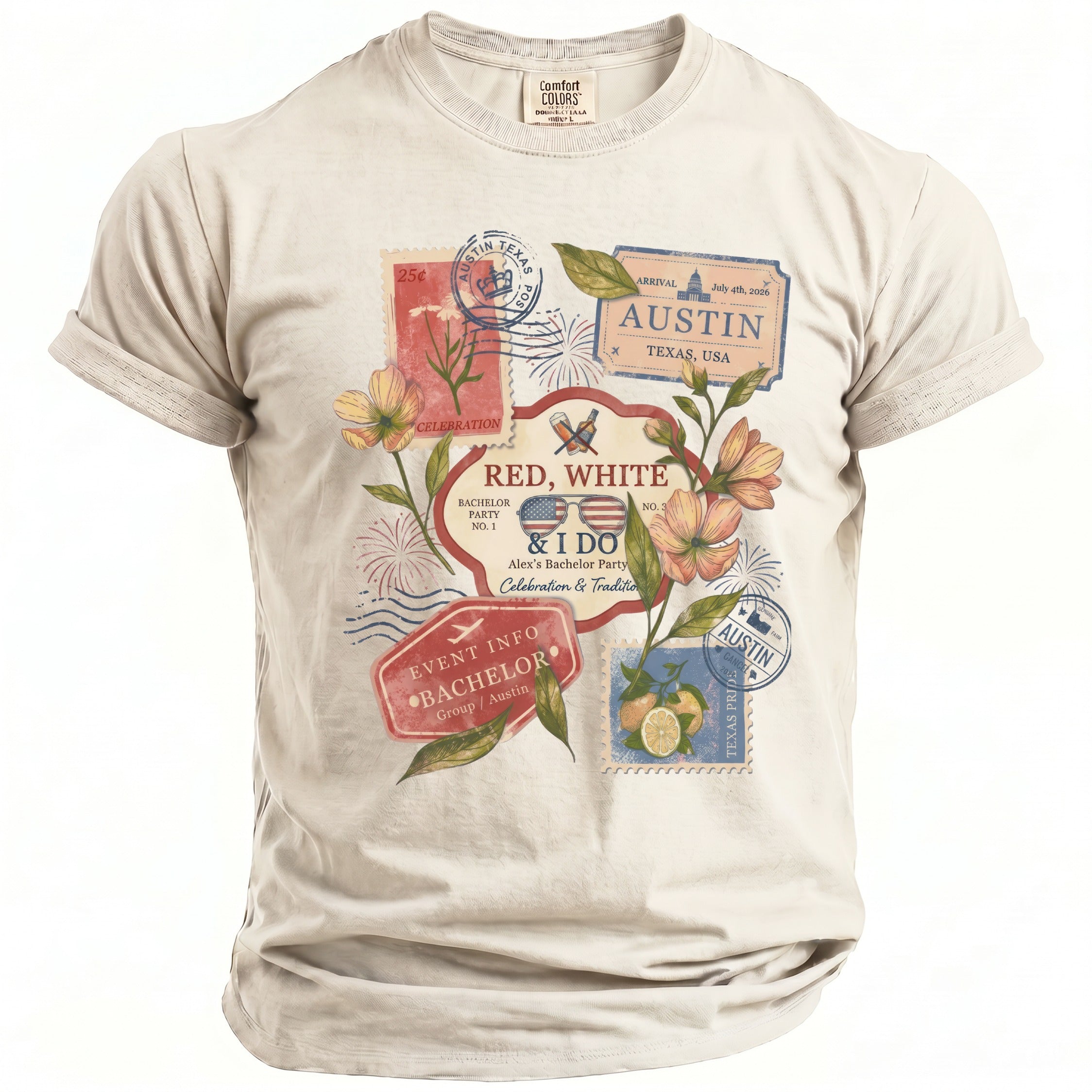 T-shirt with "Red, White & I Do" bachelor party design featuring Austin, Texas stamps.