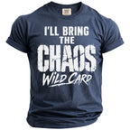 Navy t-shirt with white distressed text "I'LL BRING THE CHAOS WILD CARD".