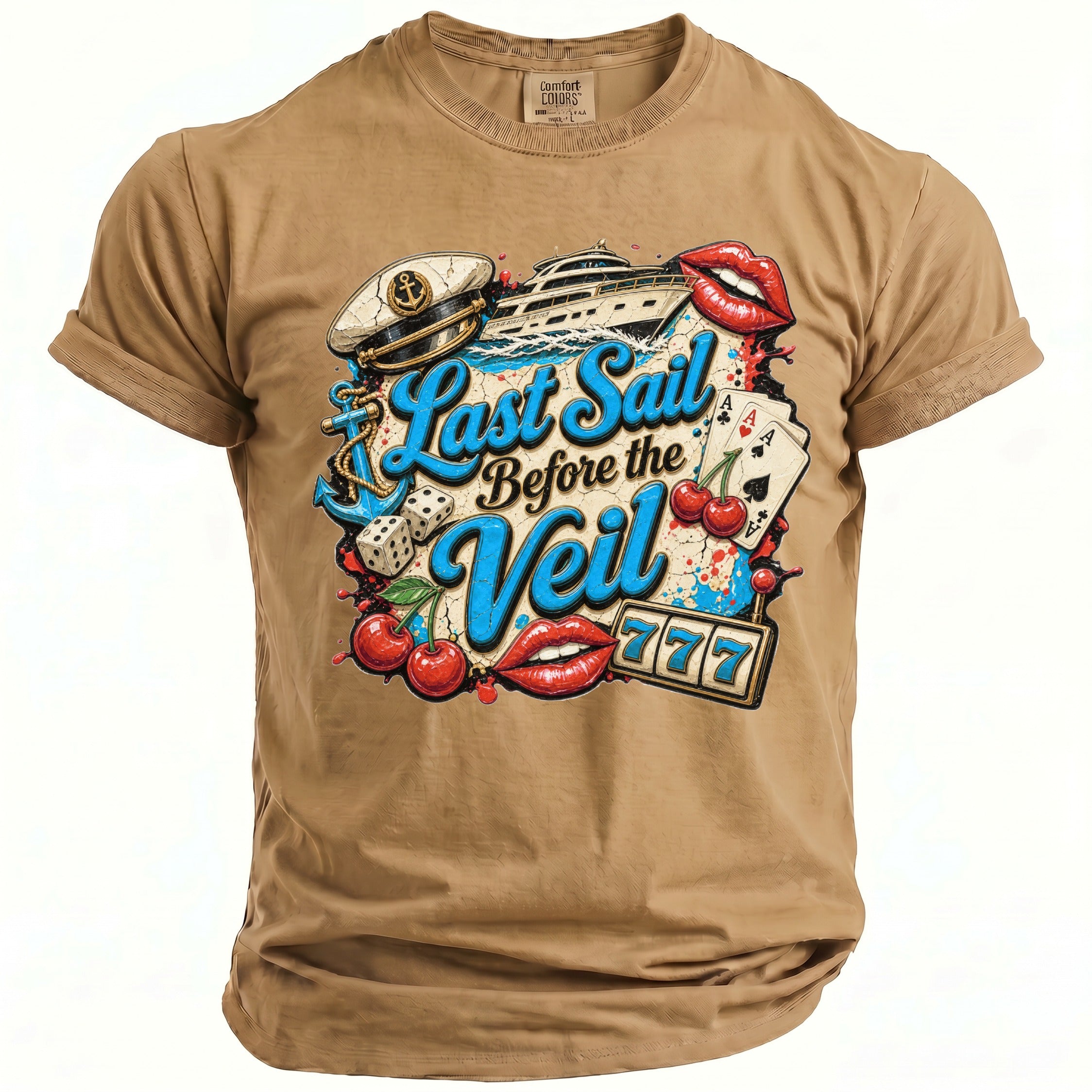 Tan t-shirt featuring Last Sail Before the Veil graphic with anchor, yacht, dice, and playing cards.