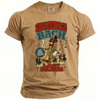 Brown t-shirt graphic with "Swing Bach" and "Last Dance" text, featuring a trumpet and dancers.