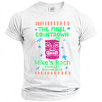 White shirt with "The Final Countdown" and tiki mask saying "Mike's Bach Malibu, CA Summer 2026".