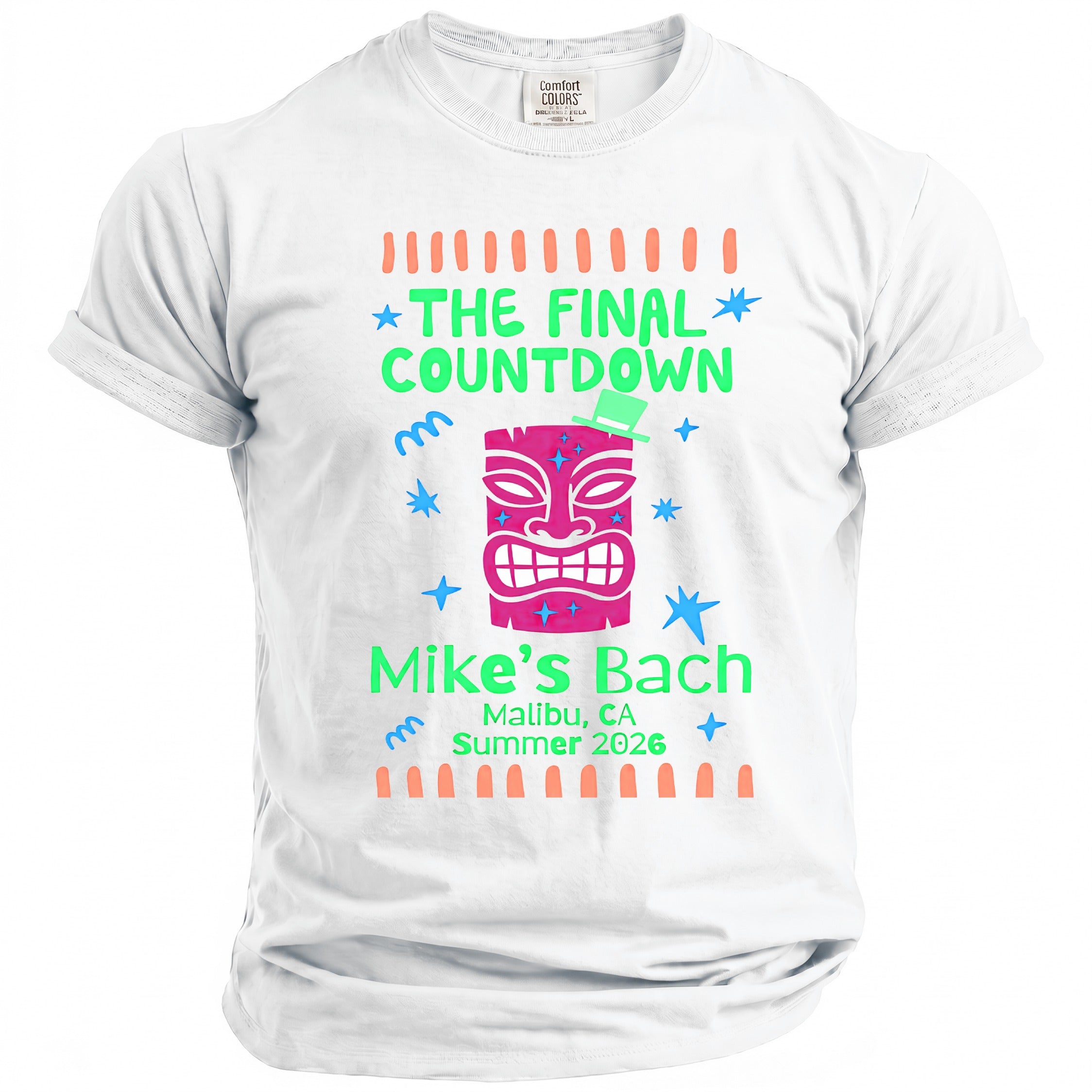 White shirt with "The Final Countdown" and tiki mask saying "Mike's Bach Malibu, CA Summer 2026".