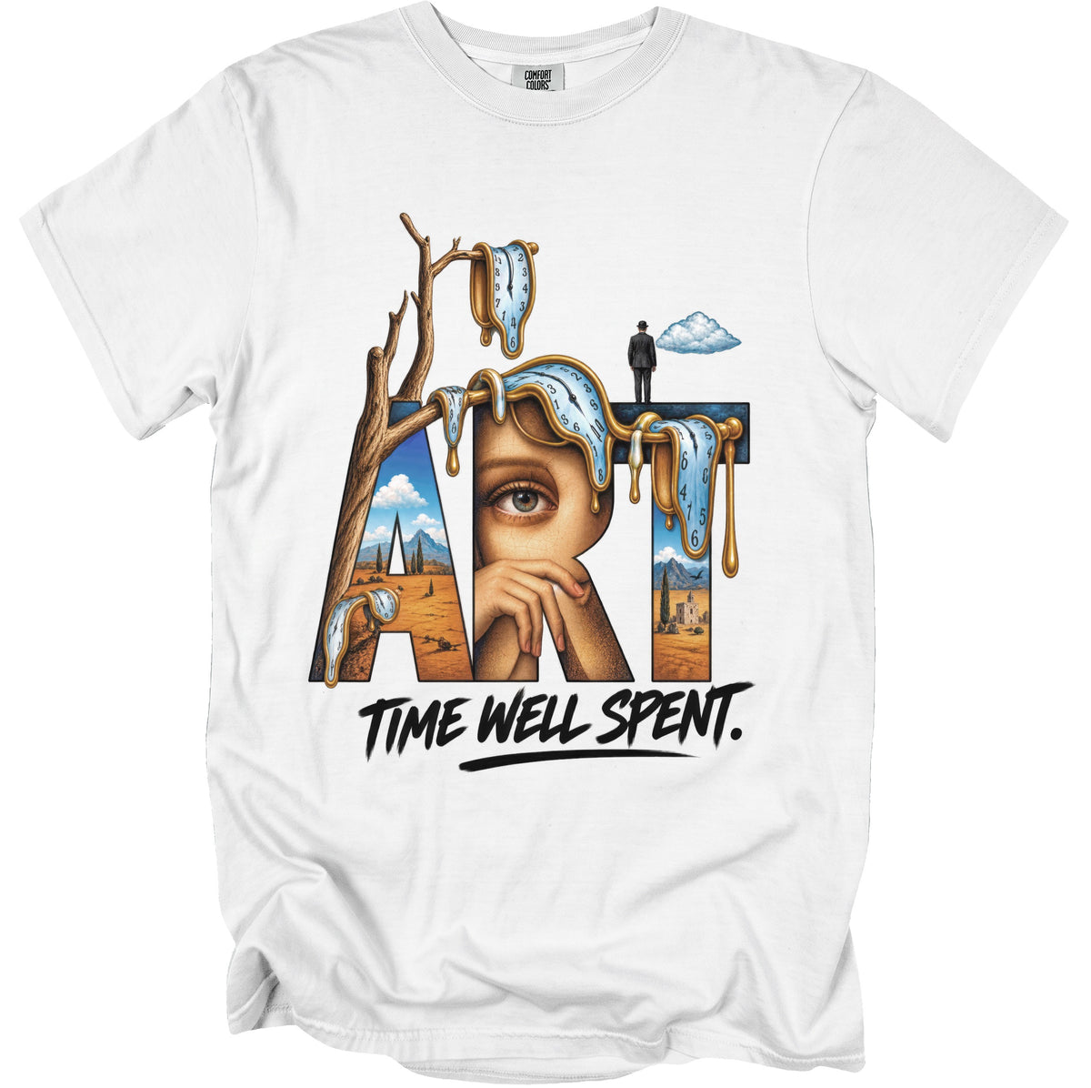 White t-shirt with surrealist "ART" design and "TIME WELL SPENT." text.