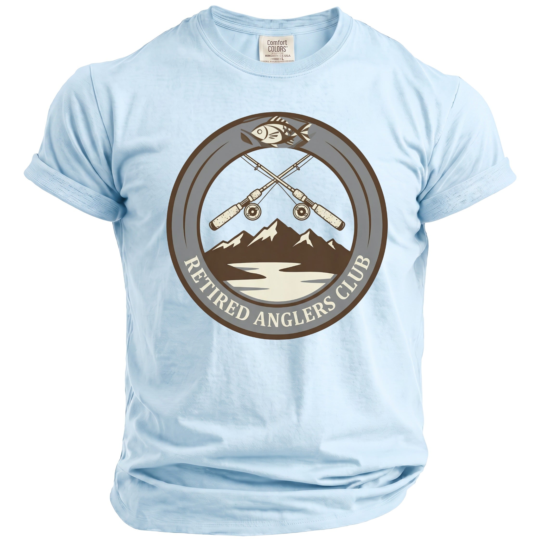 Light blue t-shirt with a circular fishing graphic reading "Retired Anglers Club."