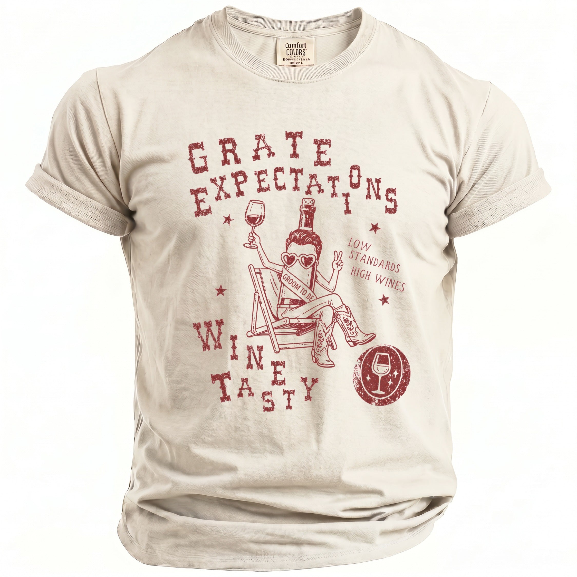 T-shirt with "GRATE EXPECTATIONS WINE TASTY" and a bottle graphic.