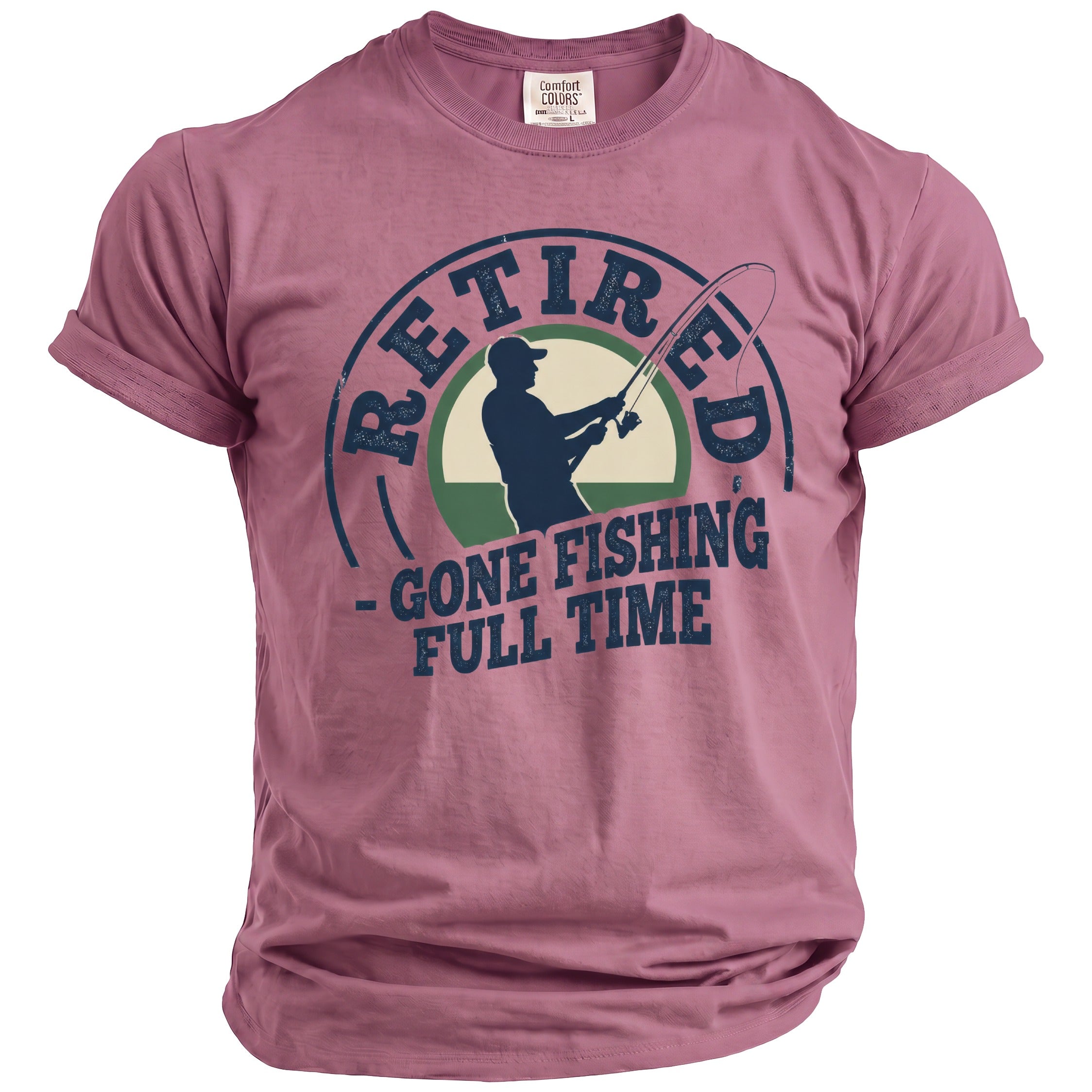 Pink t-shirt with graphic of fisherman and text "RETIRED - GONE FISHING FULL TIME".