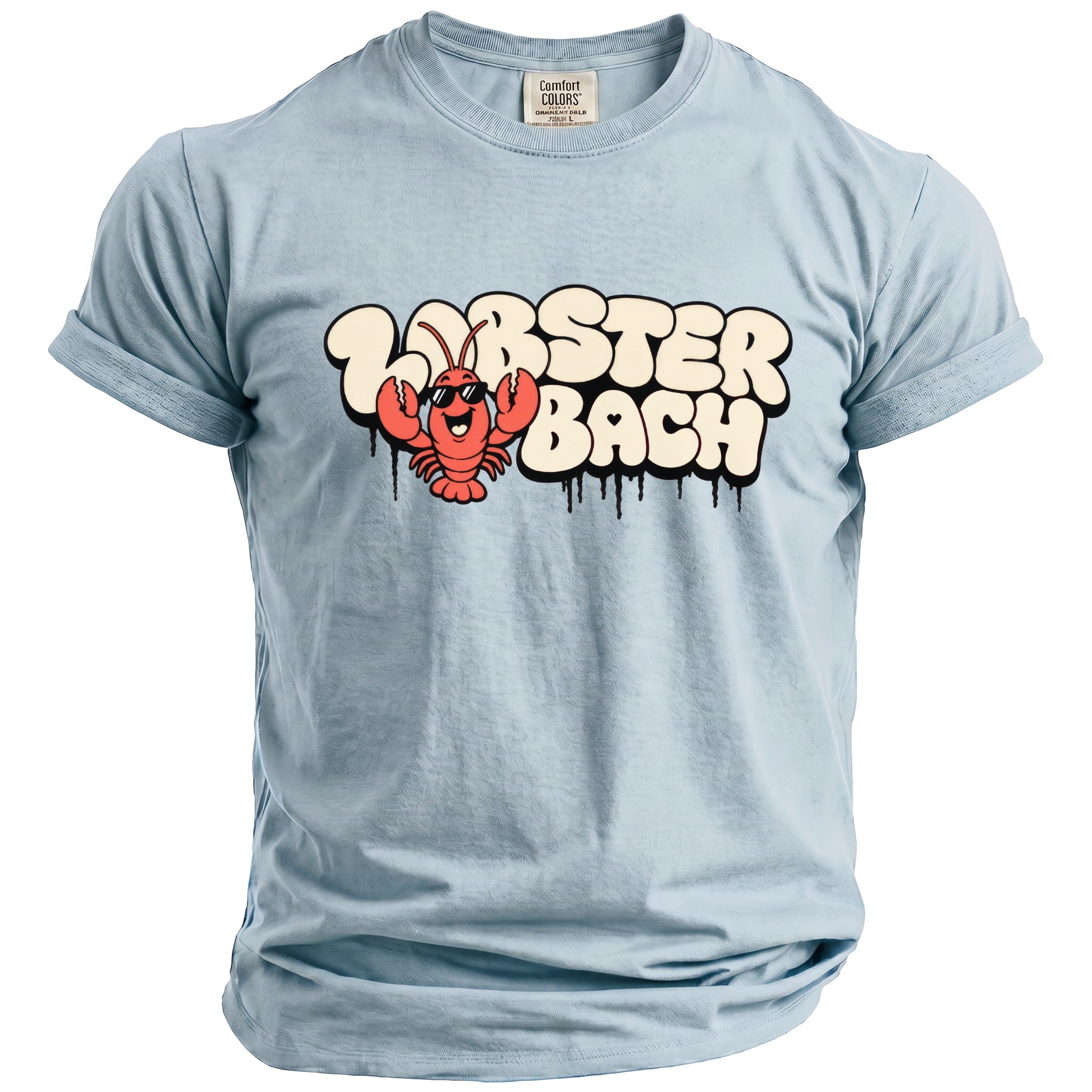 Light blue t-shirt with cartoon lobster and "Lobster Bach" text.