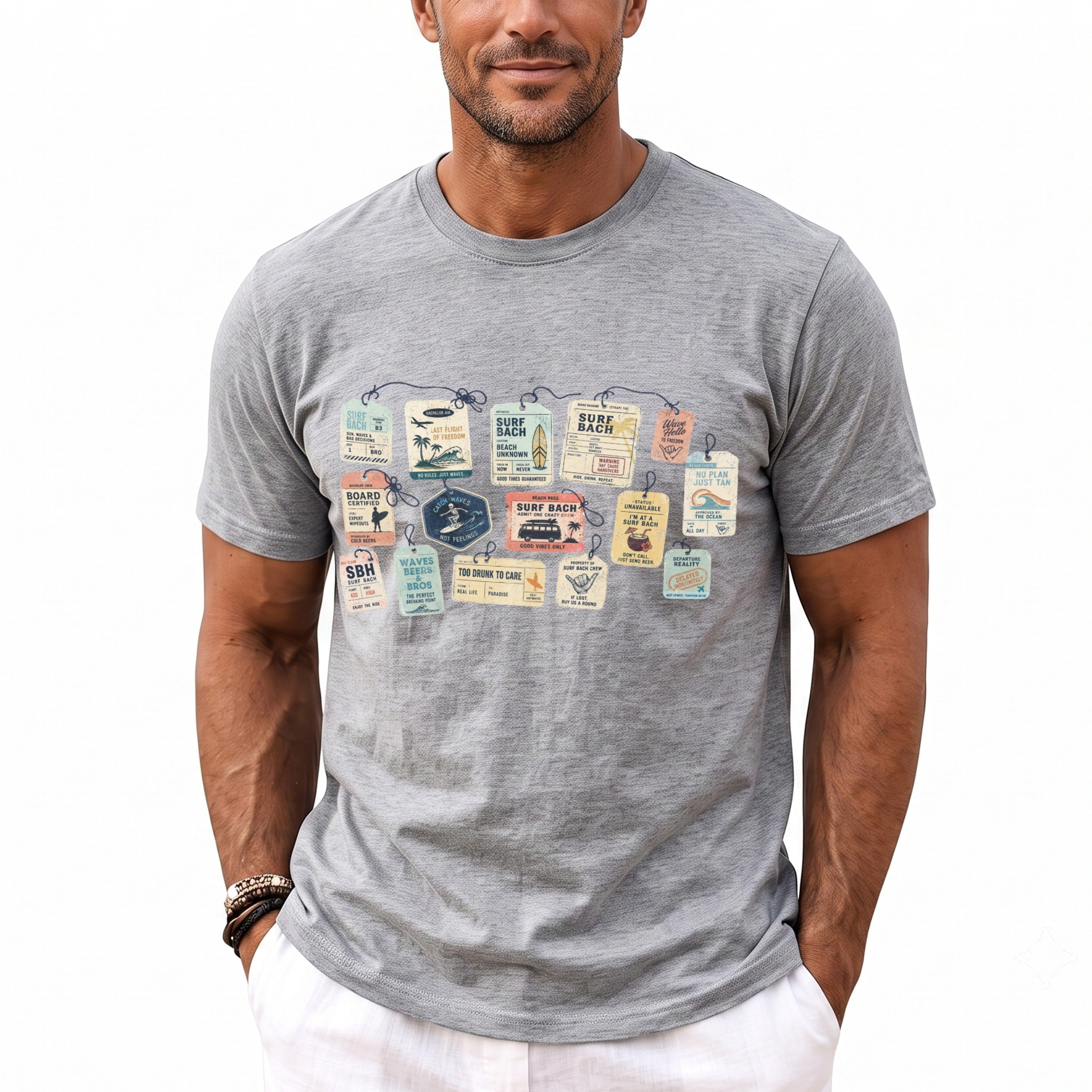 Gray t-shirt with a print of various vintage luggage tags with surf and beach themes.