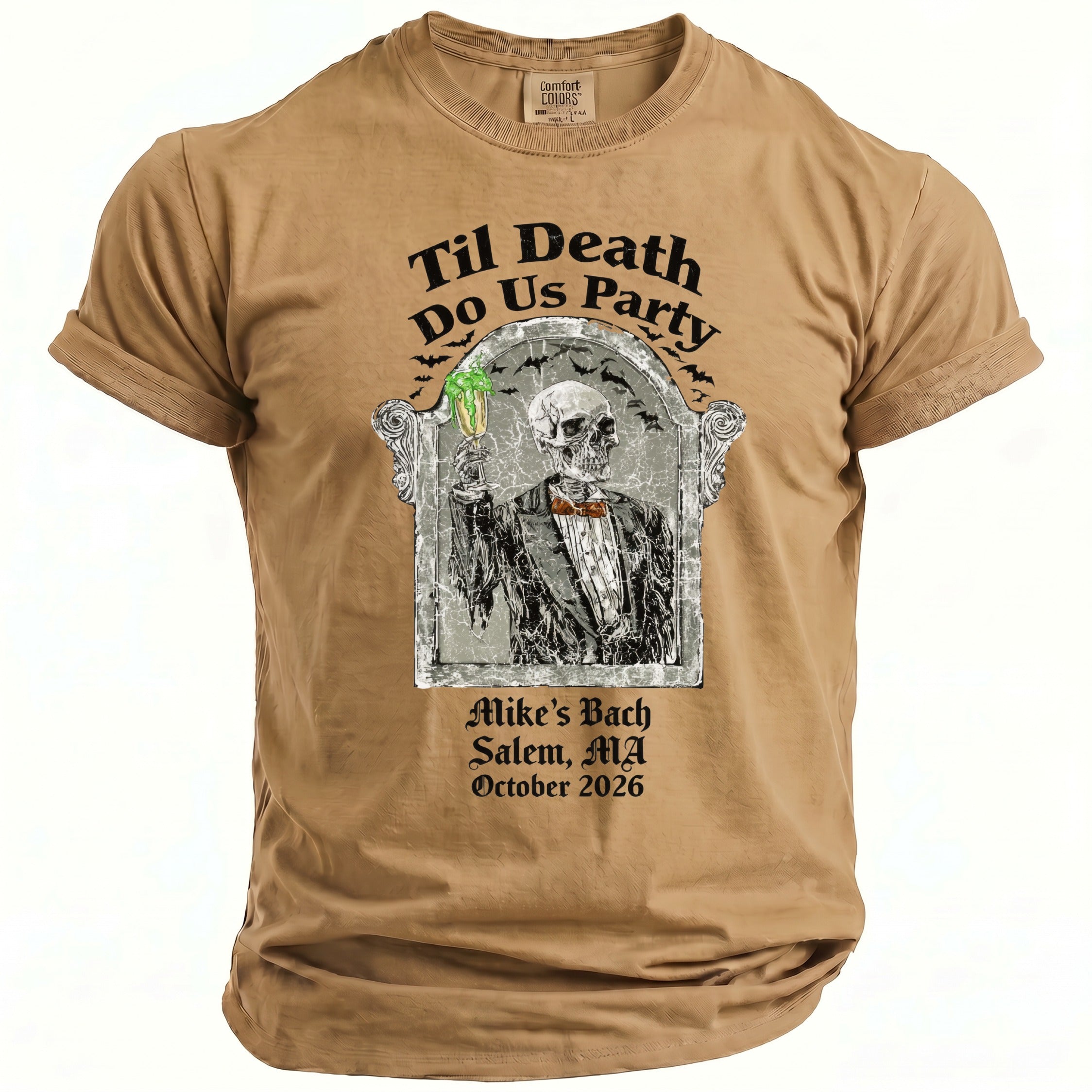 T-shirt with skeleton holding drink, "Til Death Do Us Party" and event details.