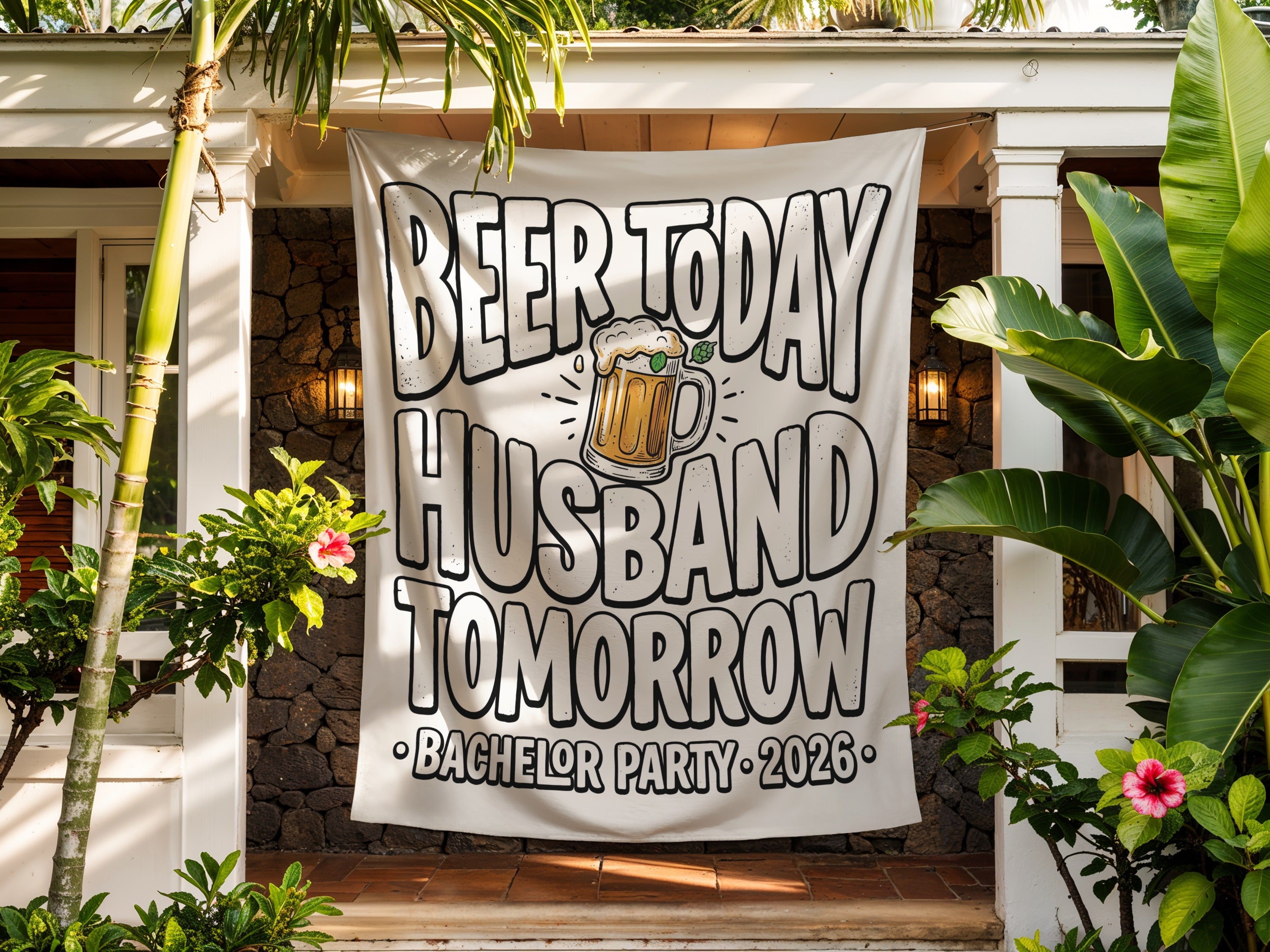 Beer Today Husband Tomorrow Bachelor Party 2026 banner with beer mug graphic.