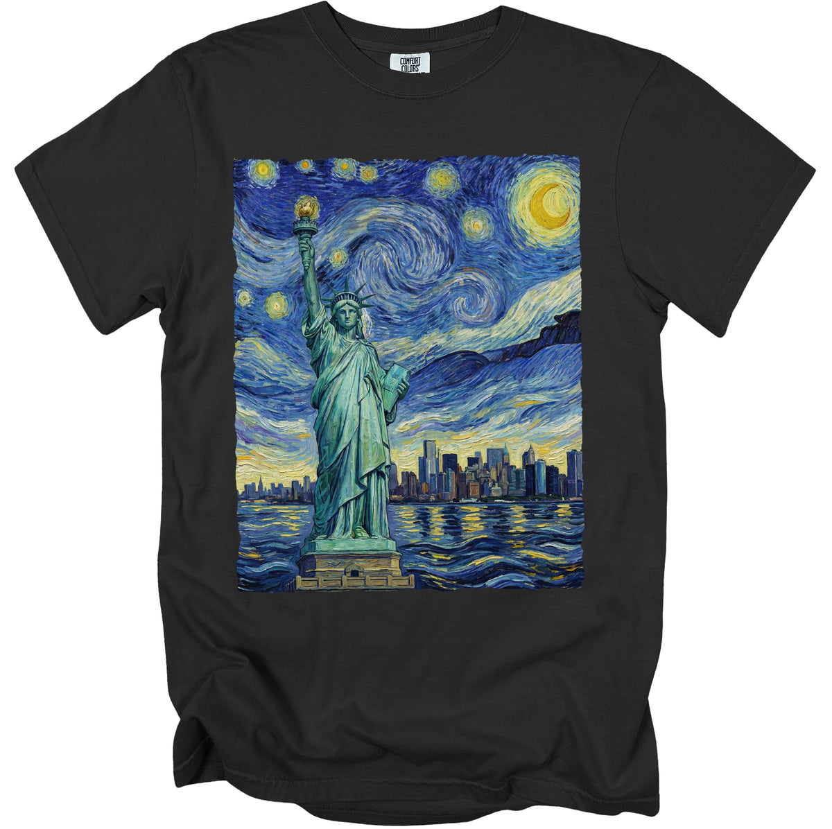 Statue of Liberty with New York City skyline under a Van Gogh-style starry night.
