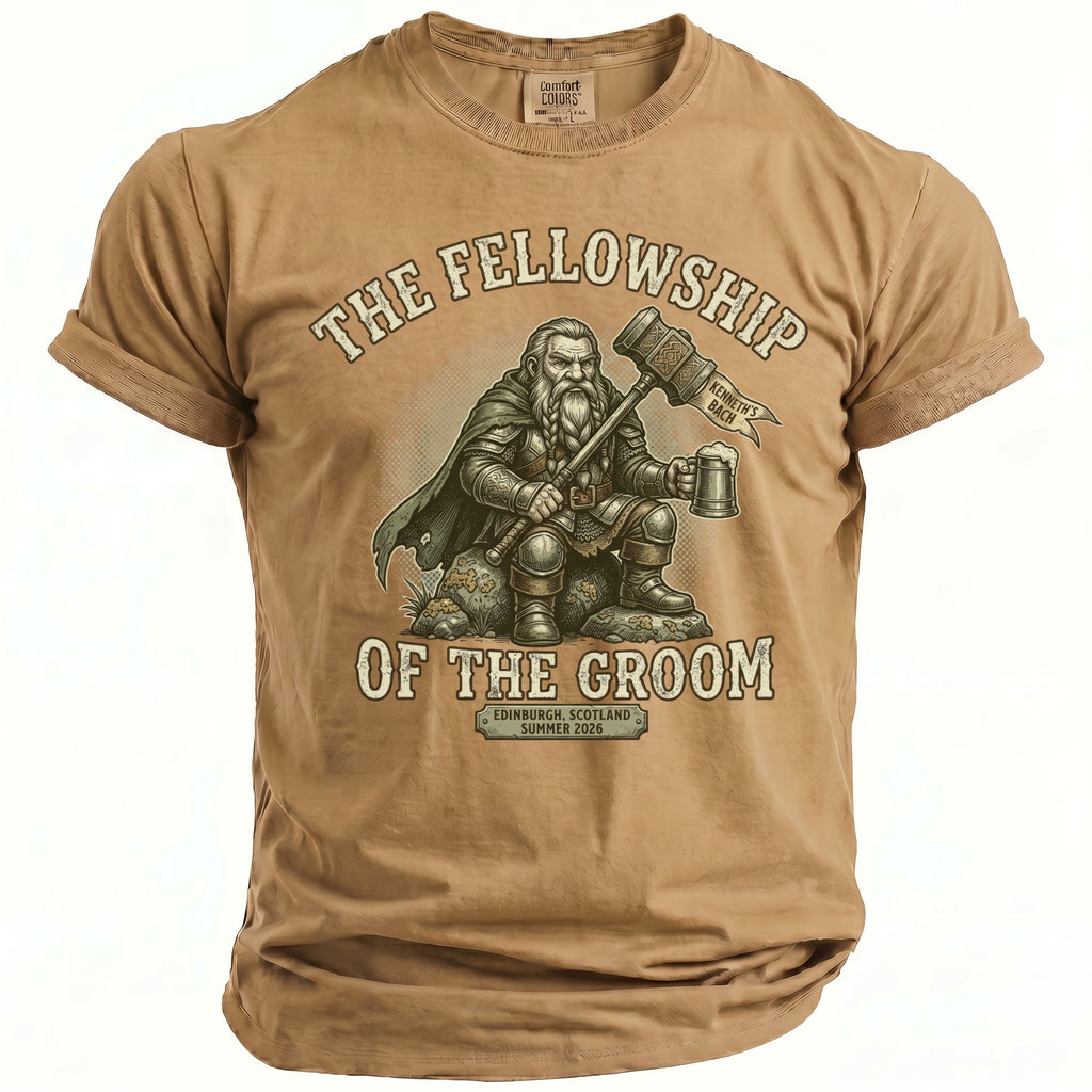T-shirt graphic: The Fellowship of the Groom with a dwarf holding a hammer and beer.