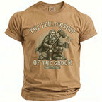 T-shirt graphic: The Fellowship of the Groom with a dwarf holding a hammer and beer.