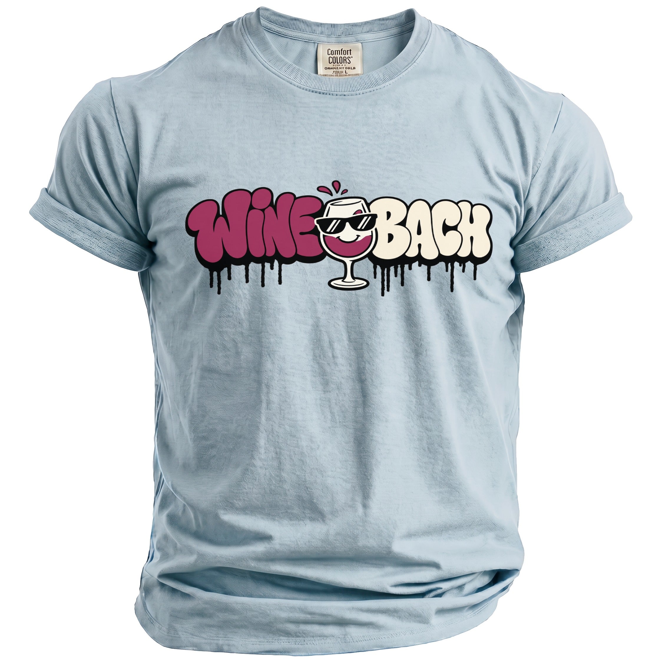 Light blue t-shirt with "Wine Bach" graffiti text and a wine glass graphic.