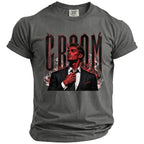 T-shirt with graphic of red-skinned man with horns and the word "GROOM".