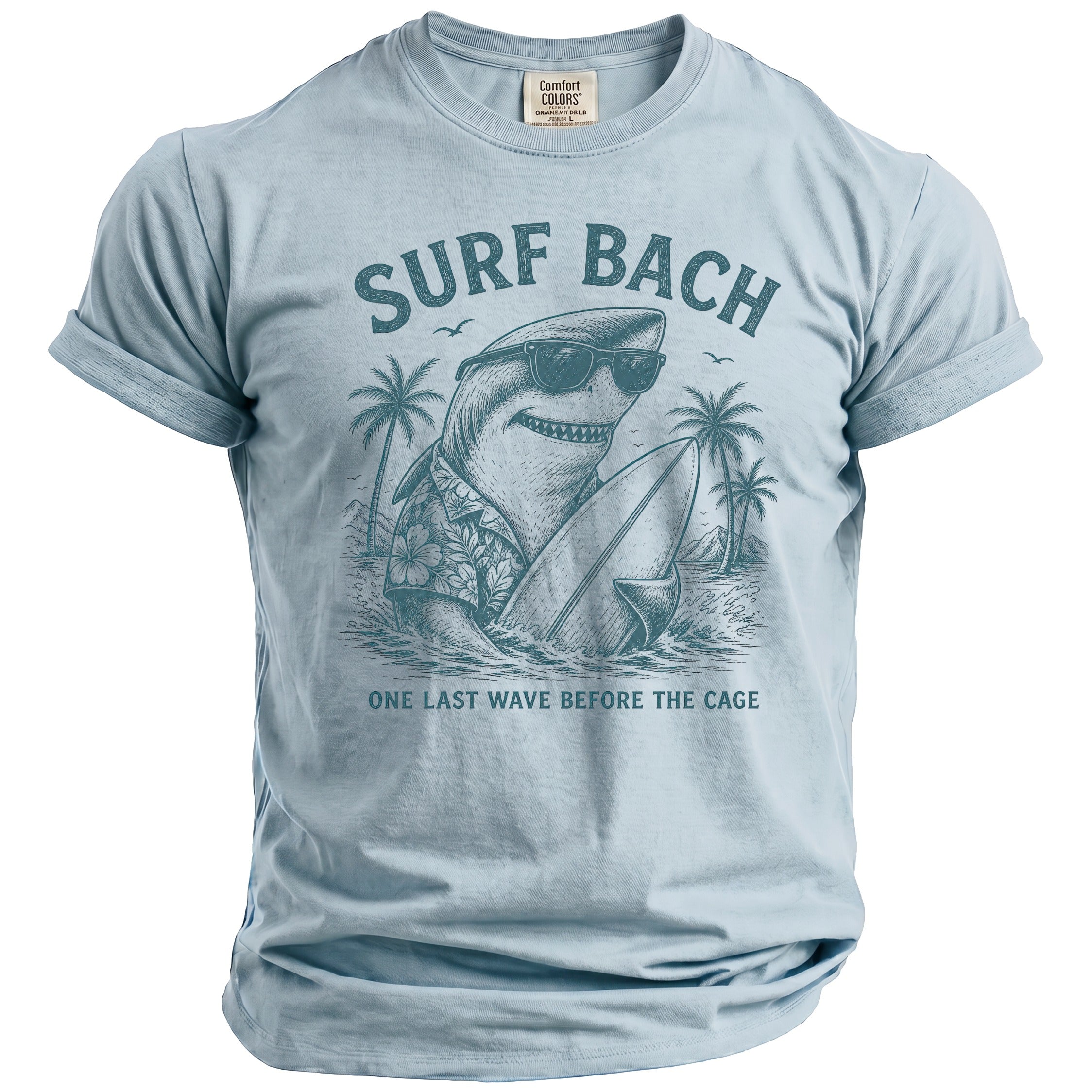 T-shirt with graphic of a shark in sunglasses holding a surfboard, reading "Surf Bach".