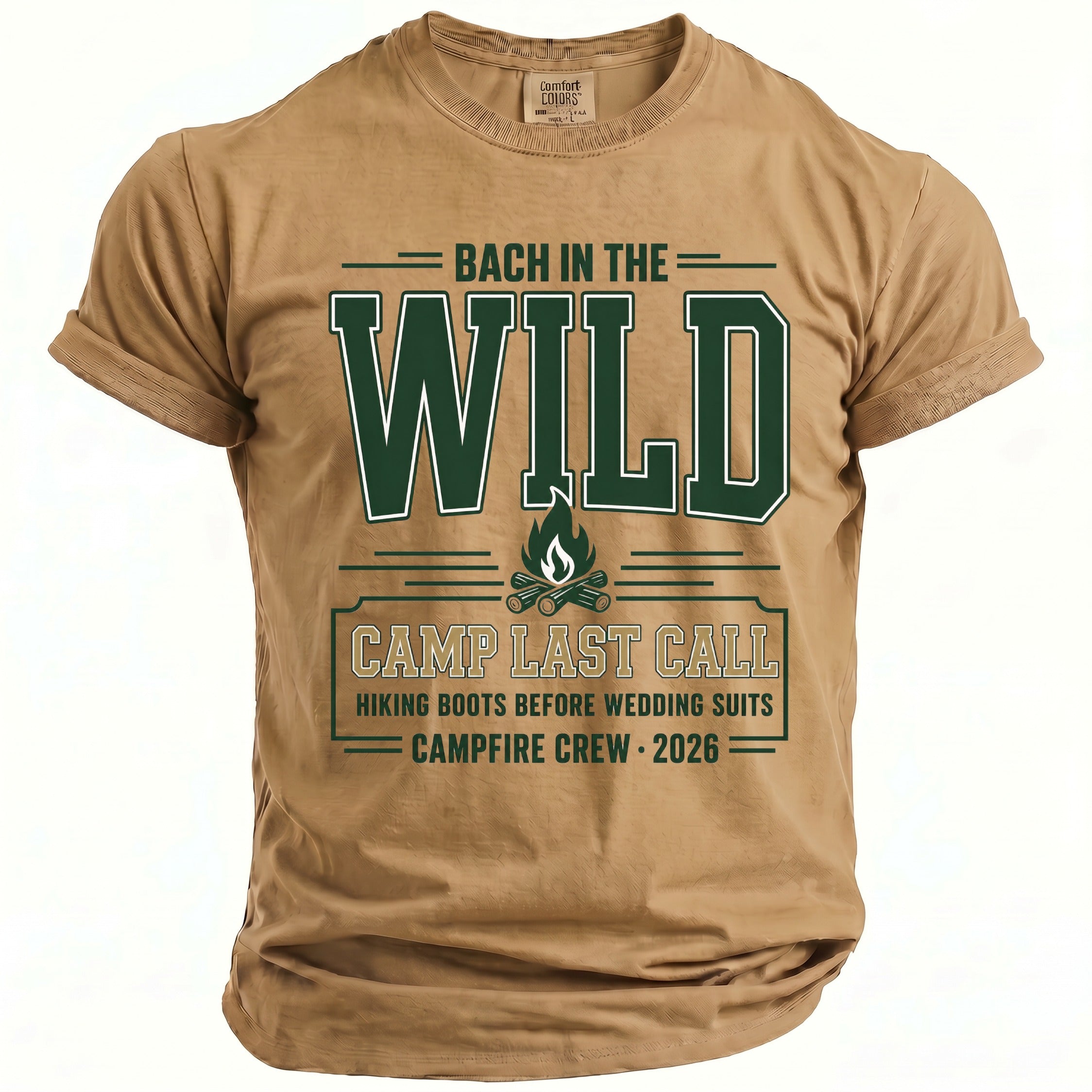 Tan t-shirt with "Bach in the Wild" and "Campfire Crew 2026" graphics.
