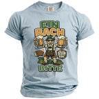 Light blue t-shirt with graphic: "EIN BACH" and "BITTE", man with beer, accordion, and hops.