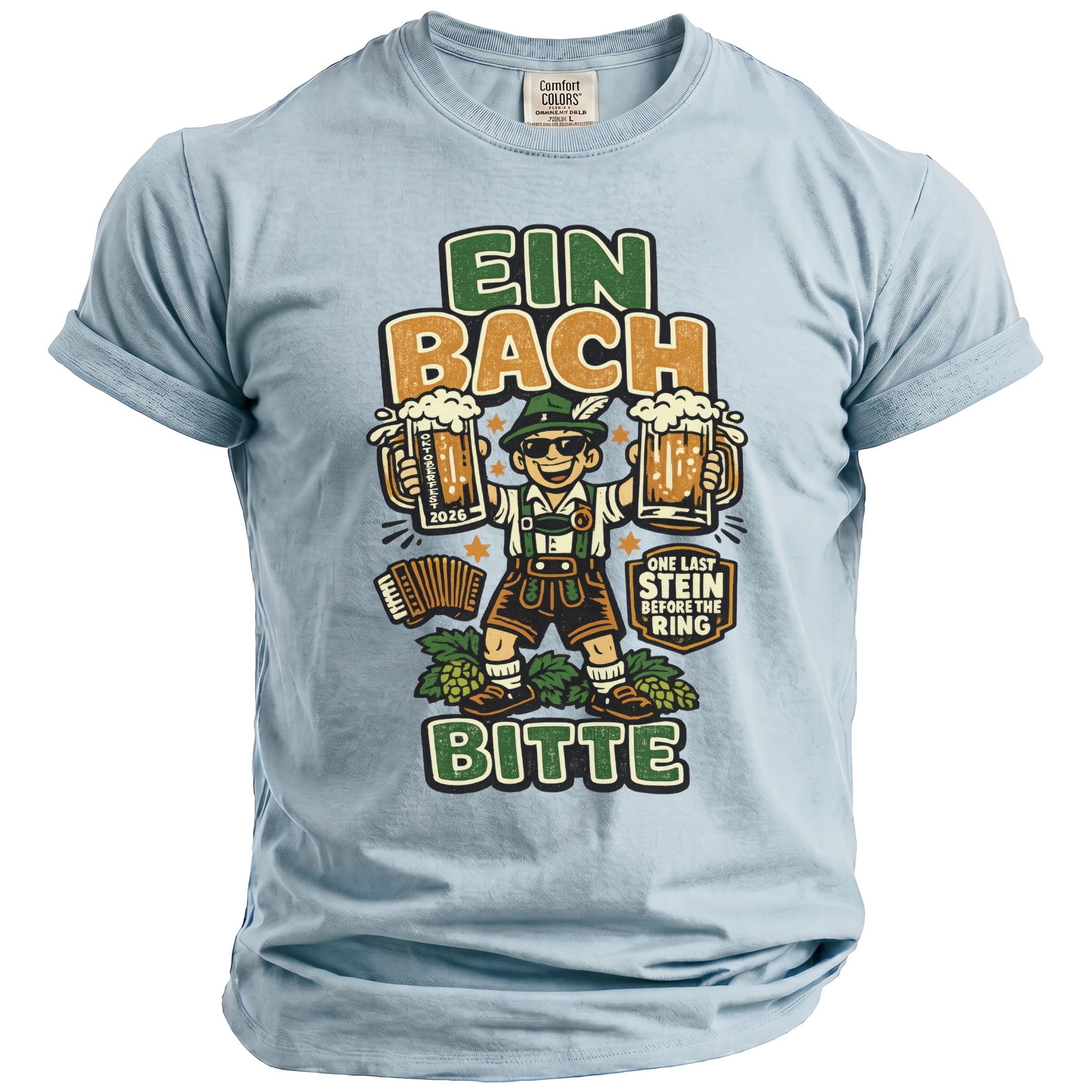 Light blue t-shirt with graphic: "EIN BACH" and "BITTE", man with beer, accordion, and hops.