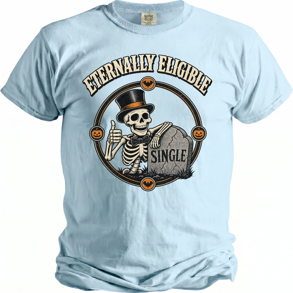 Light blue t-shirt with skeletons giving thumbs up, tombstone reading "SINGLE".