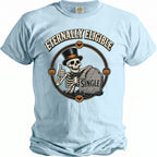 Light blue t-shirt with skeletons giving thumbs up, tombstone reading "SINGLE".