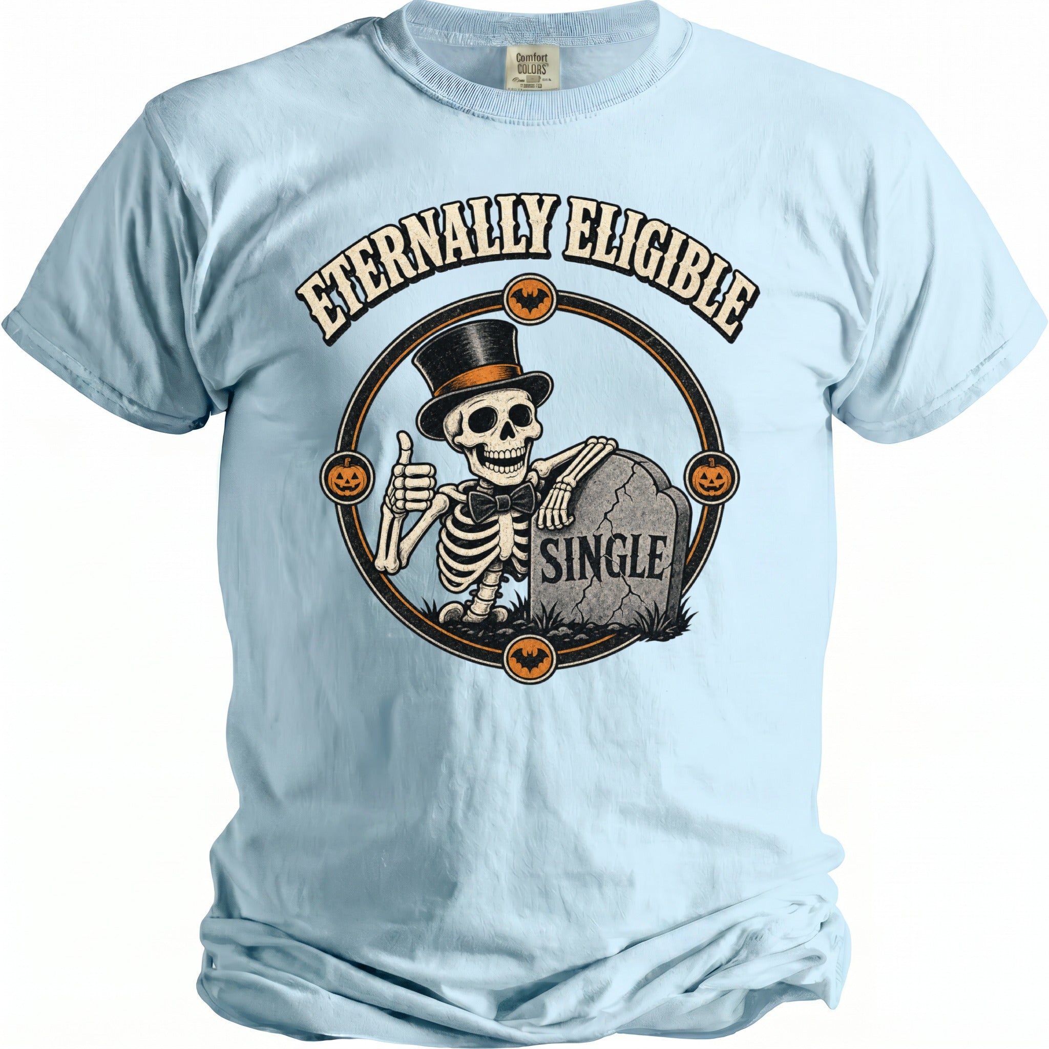 Light blue t-shirt with skeletons giving thumbs up, tombstone reading "SINGLE".