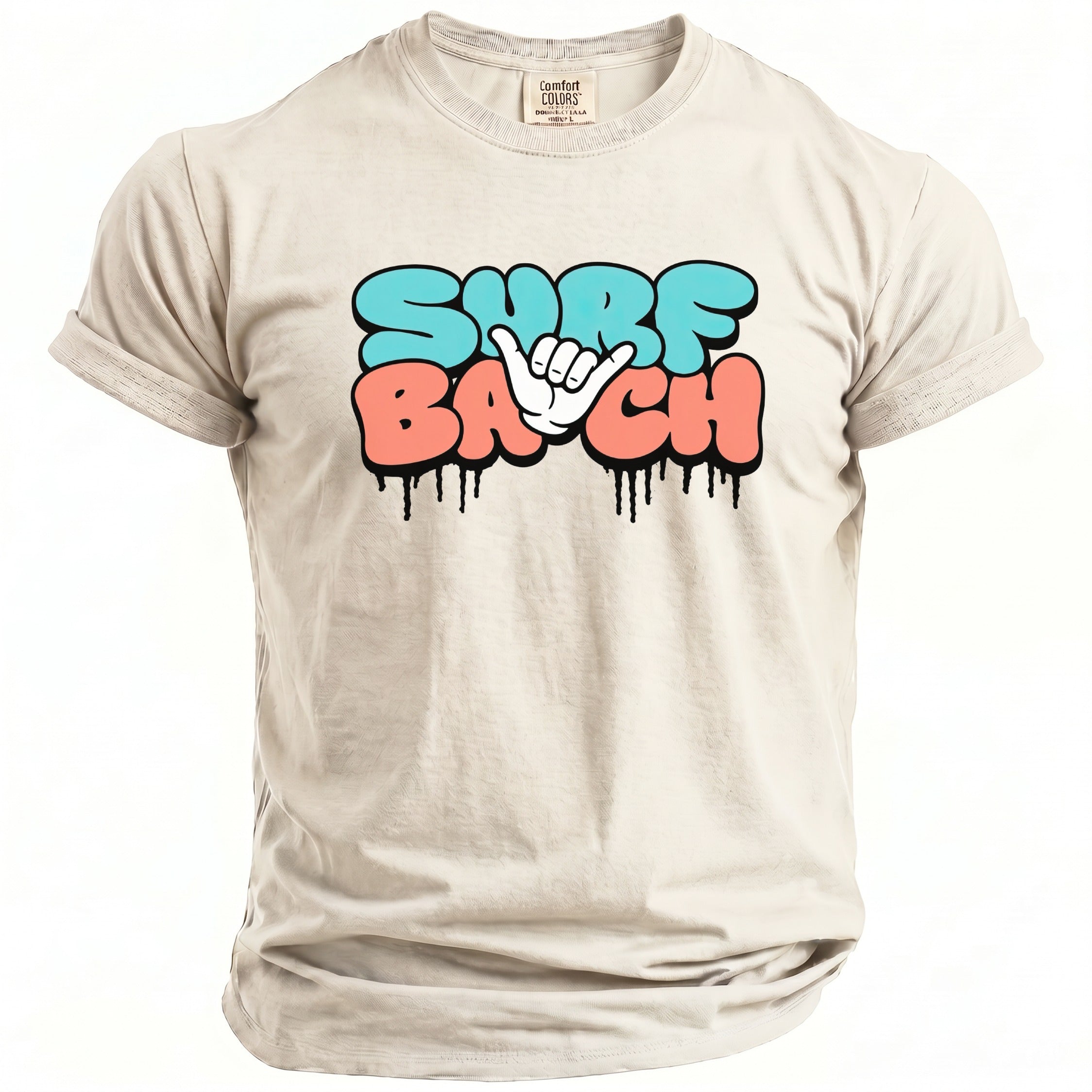 T-shirt with "SURF" in blue and "BACH" in coral, plus a shaka hand gesture.