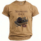 Tan t-shirt with "Maximilian's Bach" text, a dark rose, book, and seal graphic.