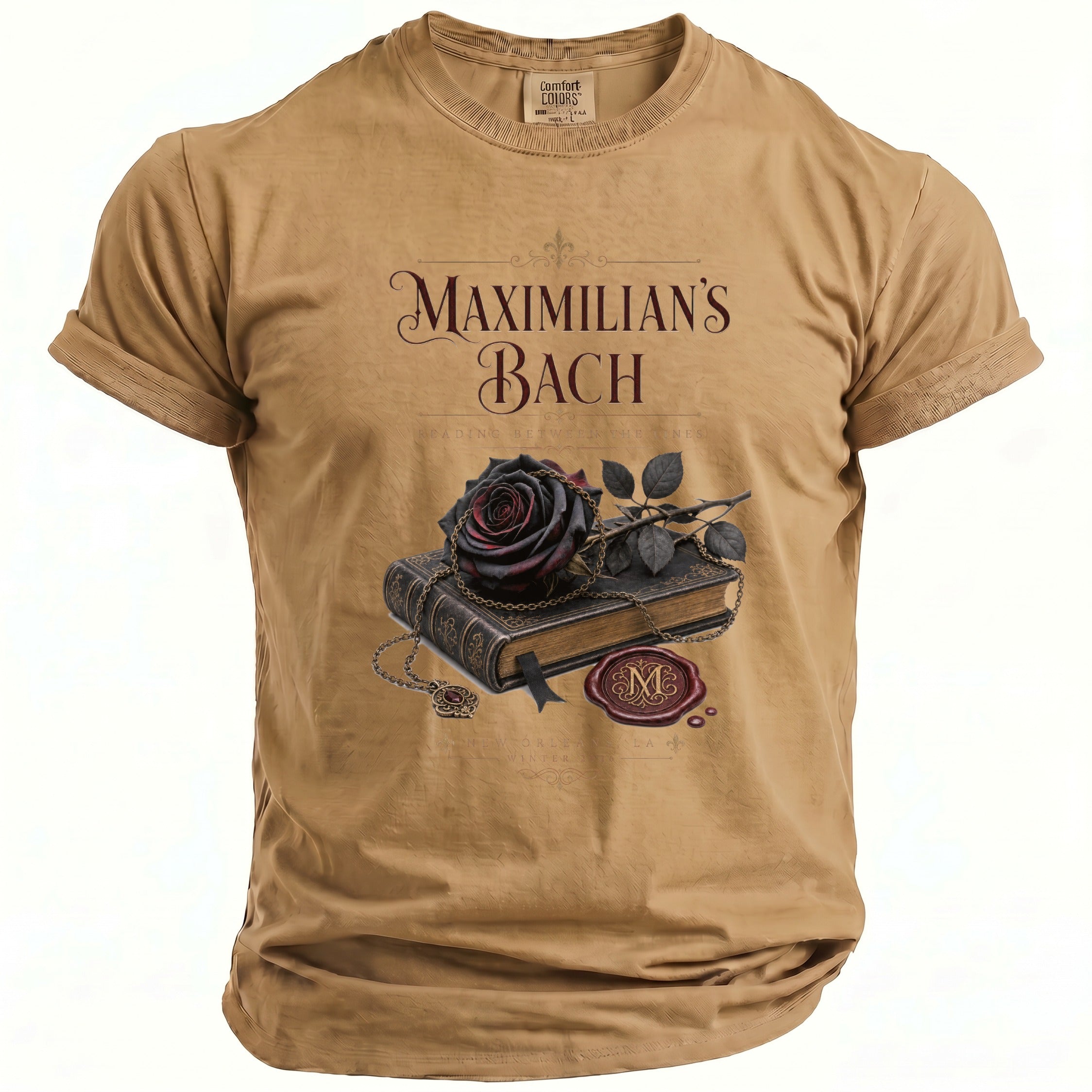 Tan t-shirt with "Maximilian's Bach" text, a dark rose, book, and seal graphic.