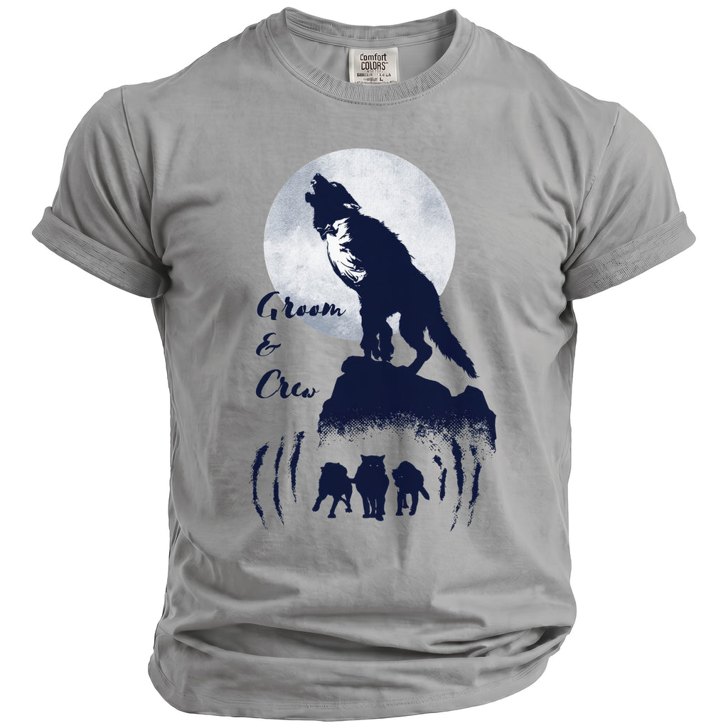 Gray t-shirt with wolf howling at the moon and "Groom & Crew" text.