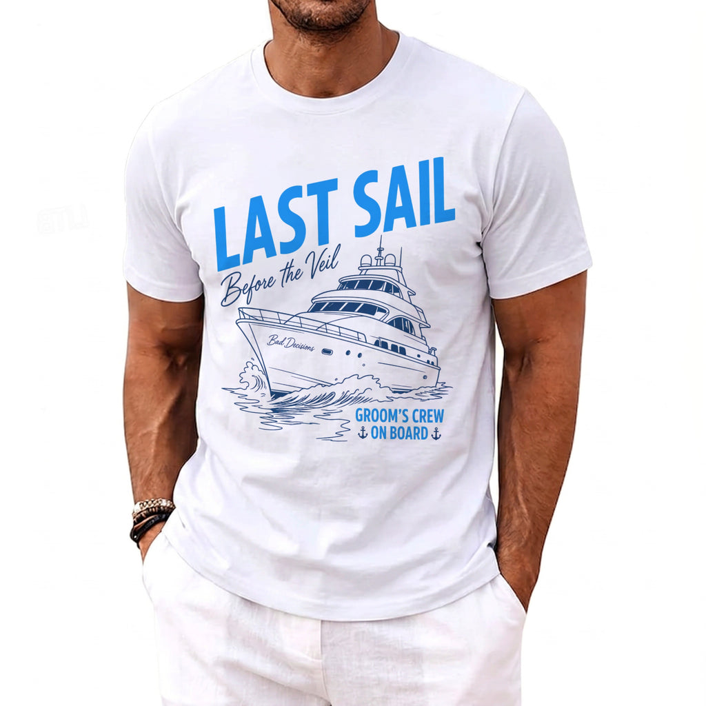 White t-shirt with "Last Sail Before the Veil" and a yacht graphic.