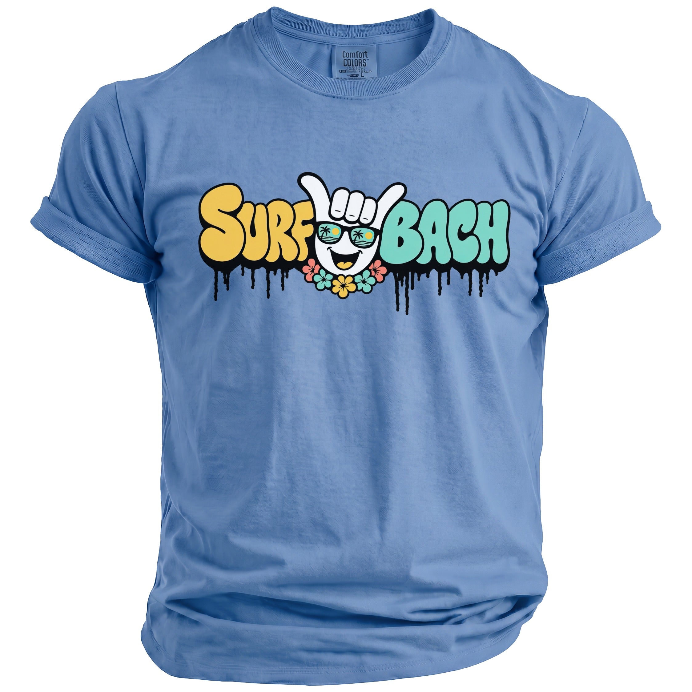 Blue t-shirt with "Surf Bach" text, shaka hand, and smiling sun.