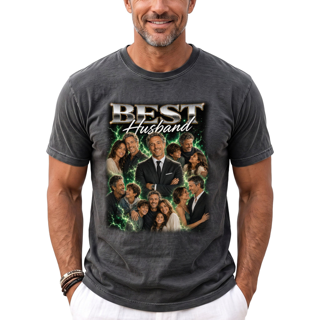 T-shirt with "BEST Husband" text and a collage of a man with his family.