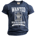 Dark blue t-shirt with "WANTED DEAD OR MARRIED" and placeholder photo.