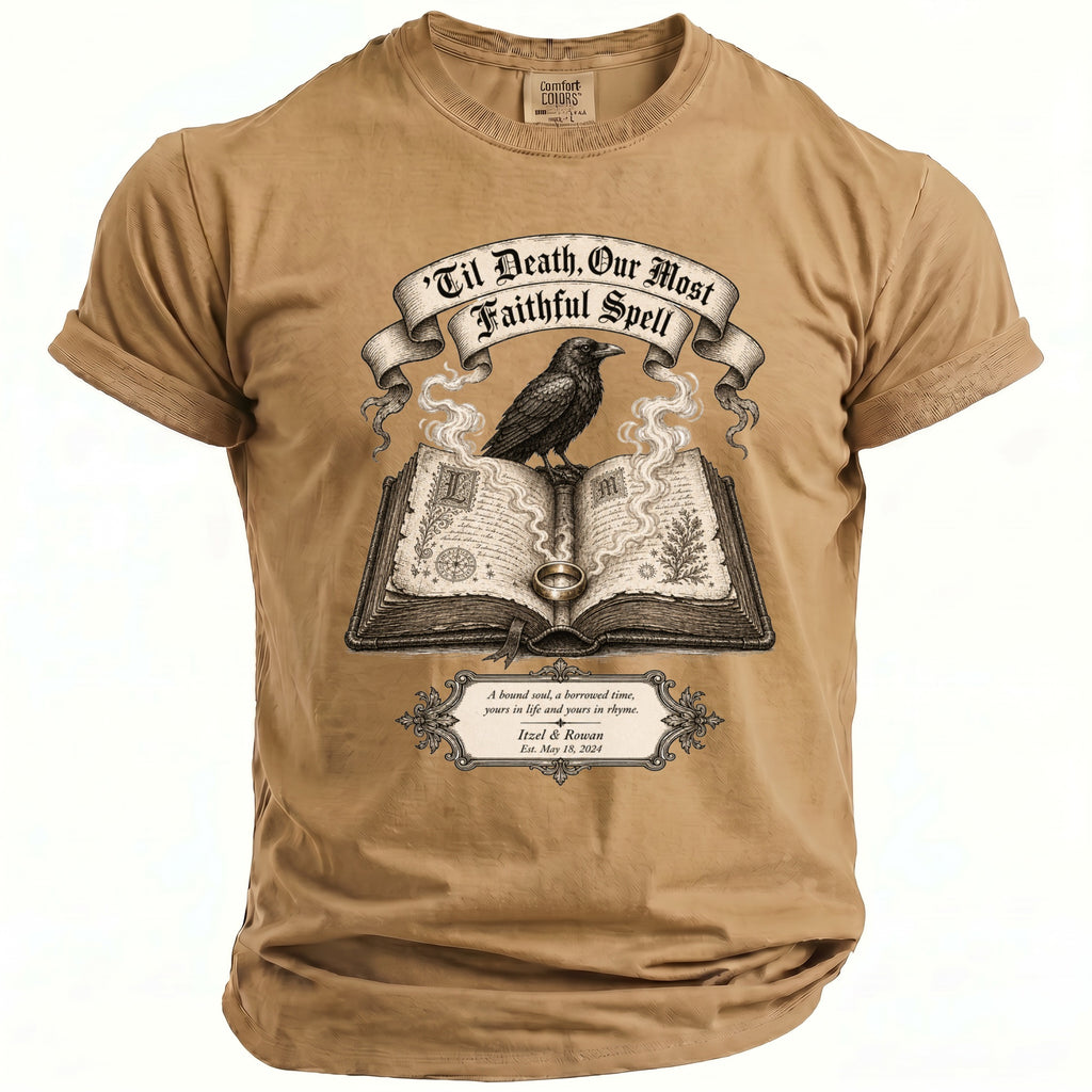 Tan t-shirt with a raven on an open book and text: 'Til Death, Our Most Faithful Spell.