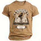 Tan t-shirt with a raven on an open book and text: 'Til Death, Our Most Faithful Spell.