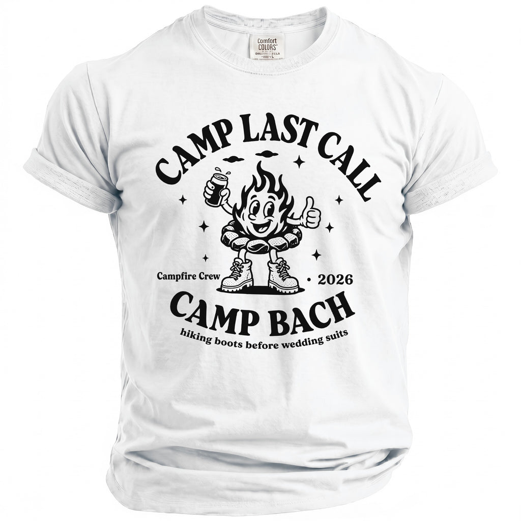 A white crewneck t-shirt featuring black vintage-style text reading Camp Last Call and Camp Bach.