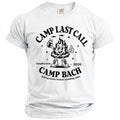 A white crewneck t-shirt featuring black vintage-style text reading Camp Last Call and Camp Bach.