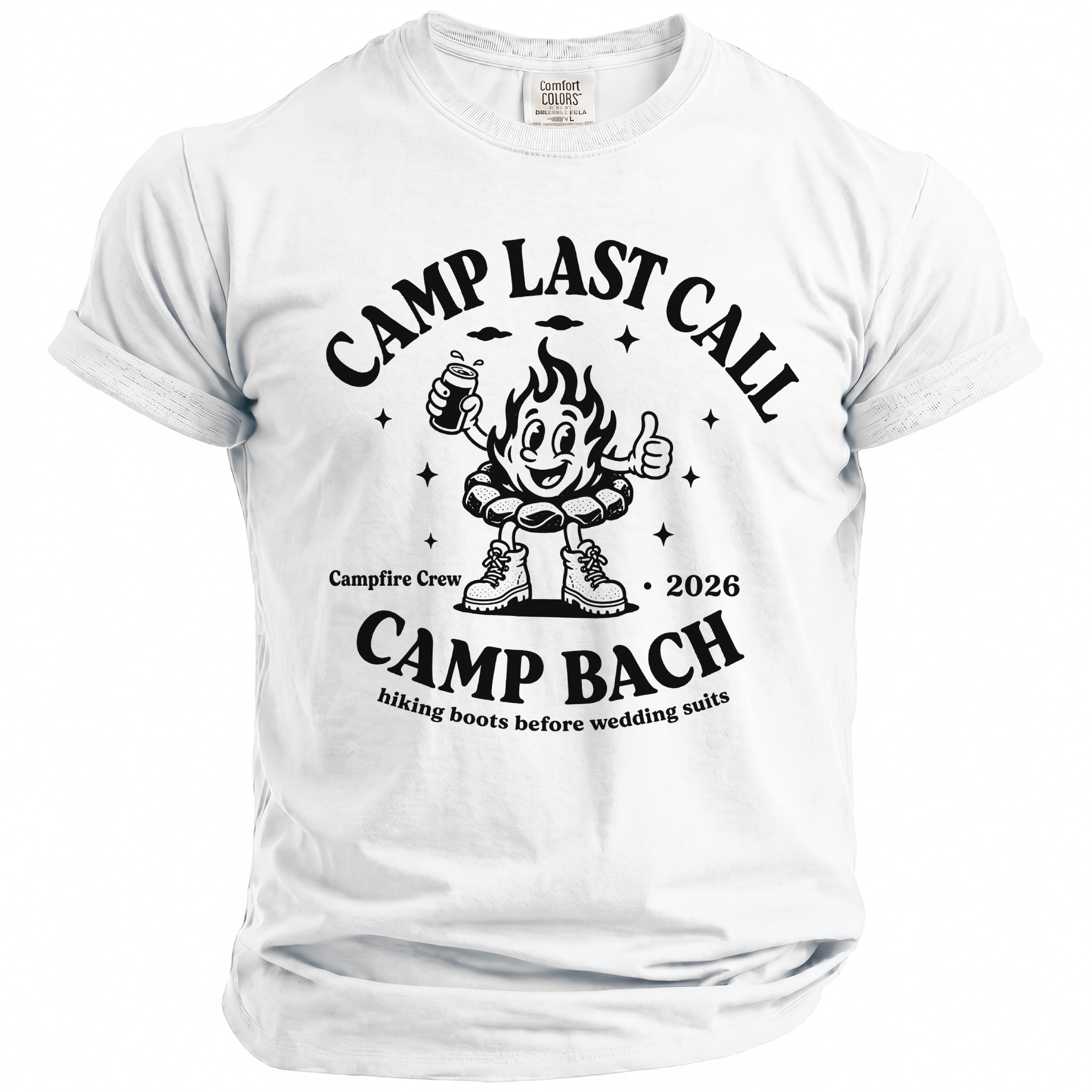 A white crewneck t-shirt featuring black vintage-style text reading Camp Last Call and Camp Bach.