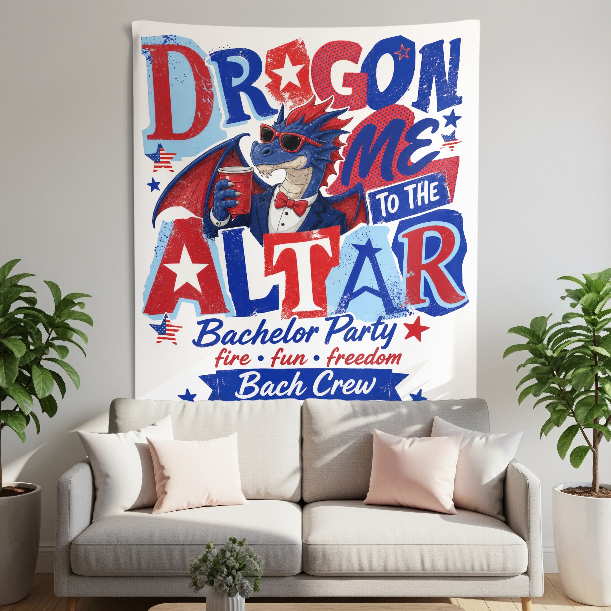 Tapestry with a blue dragon in a suit holding a red cup, text reads "Dragon Me To The Altar".